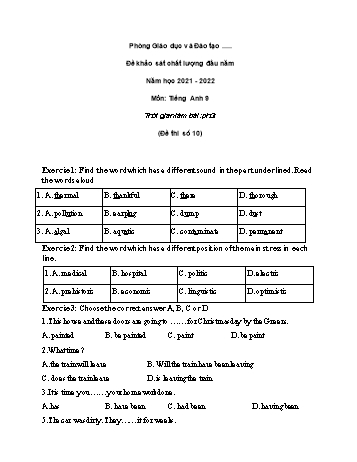 Đề khảo sát chất lượng đầu năm Tiếng Anh Lớp 9 - Đề số 10 - Năm học 2021-2022 (Có đáp án)