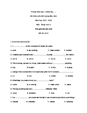 Đề khảo sát chất lượng đầu năm Tiếng Anh Lớp 9 - Đề số 2 - Năm học 2021-2022 (Có đáp án)