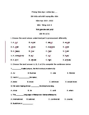 Đề khảo sát chất lượng đầu năm Tiếng Anh Lớp 9 - Đề số 3 - Năm học 2021-2022 (Có đáp án)