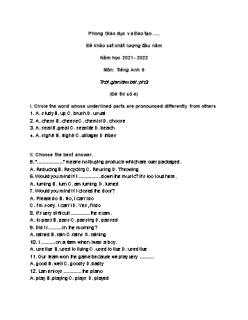 Đề khảo sát chất lượng đầu năm Tiếng Anh Lớp 9 - Đề số 4 - Năm học 2021-2022 (Có đáp án)