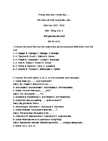 Đề khảo sát chất lượng đầu năm Tiếng Anh Lớp 9 - Đề số 5 - Năm học 2021-2022 (Có đáp án)