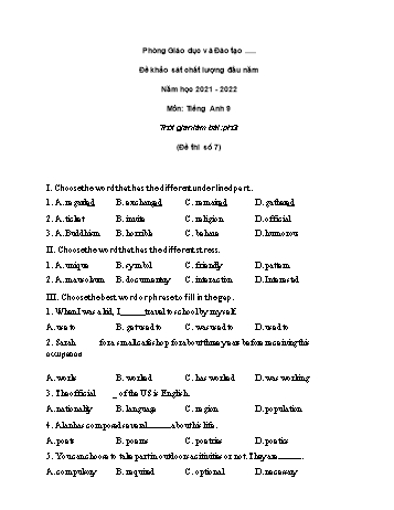 Đề khảo sát chất lượng đầu năm Tiếng Anh Lớp 9 - Đề số 7 - Năm học 2021-2022 (Có đáp án)