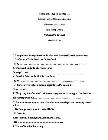 Đề khảo sát chất lượng đầu năm Tiếng Anh Lớp 9 - Đề số 8 - Năm học 2021-2022 (Có đáp án)