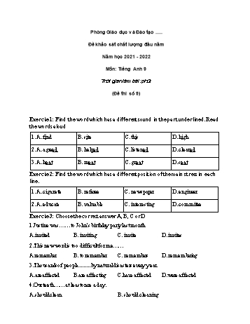 Đề khảo sát chất lượng đầu năm Tiếng Anh Lớp 9 - Đề số 9 - Năm học 2021-2022 (Có đáp án)