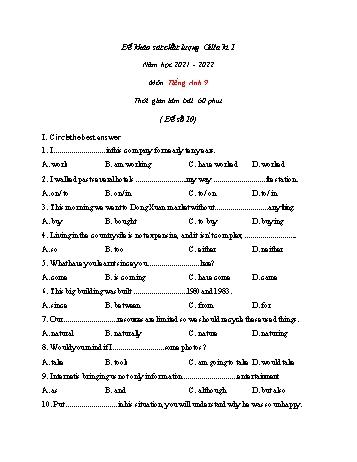 Đề khảo sát chất lượng giữa học kì 1 môn Tiếng Anh Lớp 9 - Đề số 10 - Năm học 2021-2022 (Có đáp án)