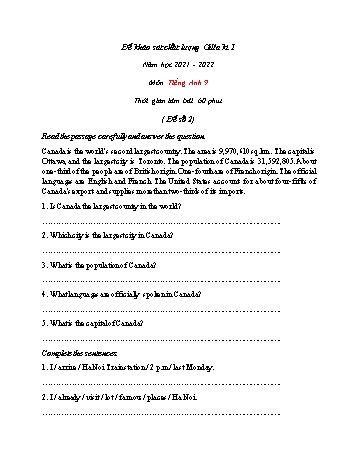 Đề khảo sát chất lượng giữa học kì 1 môn Tiếng Anh Lớp 9 - Đề số 2 - Năm học 2021-2022 (Có đáp án)