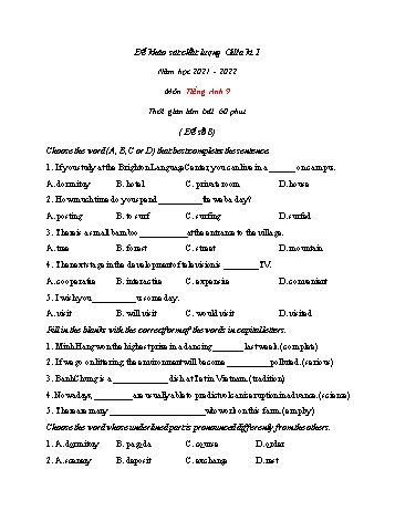 Đề khảo sát chất lượng giữa học kì 1 môn Tiếng Anh Lớp 9 - Đề số 8 - Năm học 2021-2022 (Có đáp án)