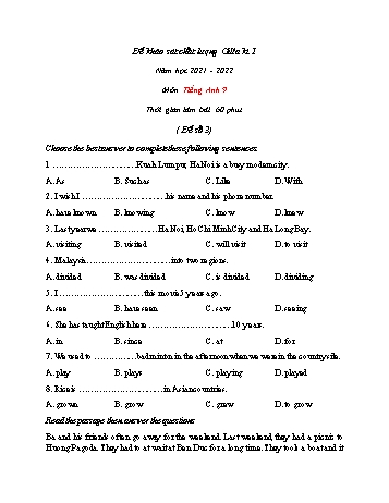 Đề khảo sát chất lượng giữa học kì 1 môn Tiếng Anh Lớp 9 - Đề số 3 - Năm học 2021-2022 (Có đáp án)