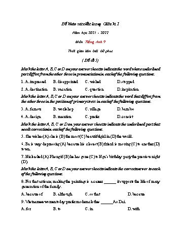 Đề khảo sát chất lượng giữa học kì 1 môn Tiếng Anh Lớp 9 - Đề số 5 - Năm học 2021-2022 (Có đáp án)