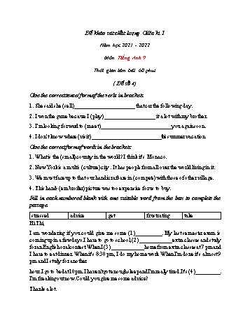 Đề khảo sát chất lượng giữa học kì 1 môn Tiếng Anh Lớp 9 - Đề số 4 - Năm học 2021-2022 (Có đáp án)