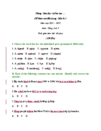 Đề khảo sát chất lượng giữa học kì 1 Tiếng Anh Lớp 9 - Đề số 6 - Năm học 2021-2022 (Có đáp án)