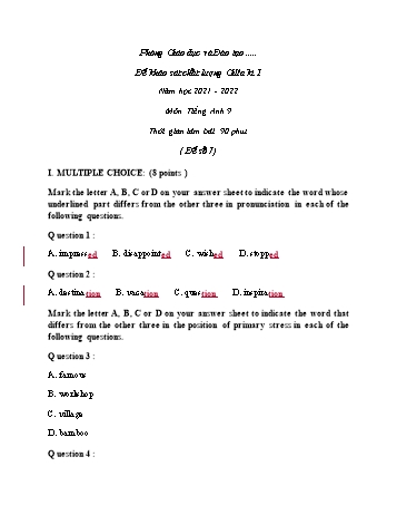 Đề khảo sát chất lượng giữa học kì 1 Tiếng Anh Lớp 9 - Đề số 7 - Năm học 2021-2022 (Có đáp án)