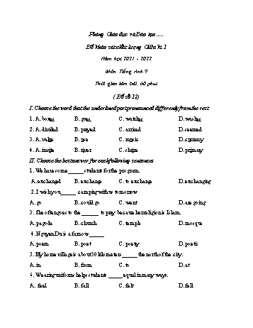 Đề khảo sát chất lượng giữa kì 1 môn Tiếng Anh Lớp 9 - Đề số 12 - Năm học 2021-2022