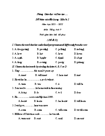Đề khảo sát chất lượng giữa kì 1 môn Tiếng Anh Lớp 9 - Đề số 11 - Năm học 2021-2022