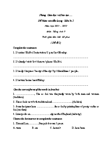 Đề khảo sát chất lượng giữa kì 1 môn Tiếng Anh Lớp 9 - Đề số 1 - Năm học 2021-2022