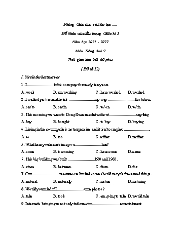 Đề khảo sát chất lượng giữa kì 1 môn Tiếng Anh Lớp 9 - Đề số 13 - Năm học 2021-2022