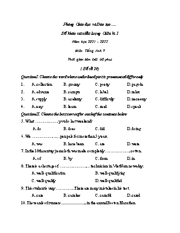 Đề khảo sát chất lượng giữa kì 1 môn Tiếng Anh Lớp 9 - Đề số 10 - Năm học 2021-2022