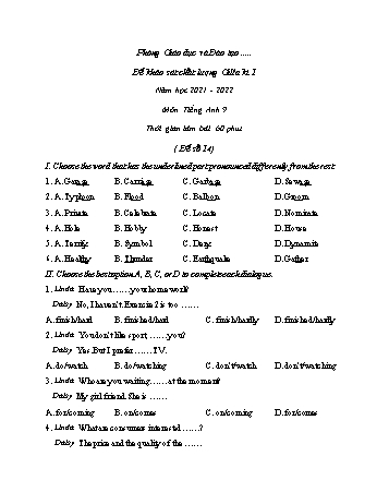 Đề khảo sát chất lượng giữa kì 1 môn Tiếng Anh Lớp 9 - Đề số 14 - Năm học 2021-2022