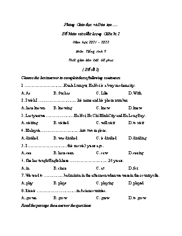 Đề khảo sát chất lượng giữa kì 1 môn Tiếng Anh Lớp 9 - Đề số 3 - Năm học 2021-2022