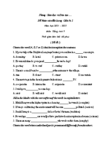 Đề khảo sát chất lượng giữa kì 1 môn Tiếng Anh Lớp 9 - Đề số 5 - Năm học 2021-2022