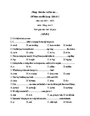 Đề khảo sát chất lượng giữa kì 1 môn Tiếng Anh Lớp 9 - Đề số 9 - Năm học 2021-2022