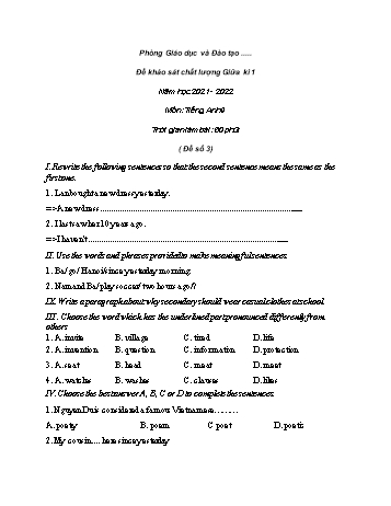 Đề khảo sát chất lượng giữa kì 1 Tiếng Anh Khối 9 - Đề số 3 - Năm học 2021-2022