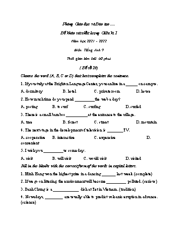 Đề khảo sát chất lượng giữa kì 1 Tiếng Anh Lớp 9 - Đề số 10 - Năm học 2021-2022