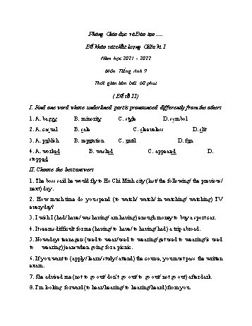 Đề khảo sát chất lượng giữa kì 1 Tiếng Anh Lớp 9 - Đề số 11 - Năm học 2021-2022