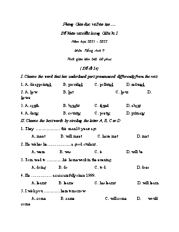 Đề khảo sát chất lượng giữa kì 1 Tiếng Anh Lớp 9 - Đề số 14 - Năm học 2021-2022