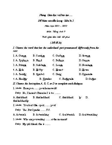 Đề khảo sát chất lượng giữa kì 1 Tiếng Anh Lớp 9 - Đề số 16 - Năm học 2021-2022