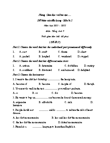 Đề khảo sát chất lượng giữa kì 1 Tiếng Anh Lớp 9 - Đề số 17 - Năm học 2021-2022