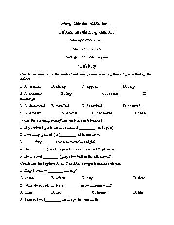 Đề khảo sát chất lượng giữa kì 1 Tiếng Anh Lớp 9 - Đề số 18 - Năm học 2021-2022