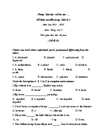 Đề khảo sát chất lượng giữa kì 1 Tiếng Anh Lớp 9 - Đề số 19 - Năm học 2021-2022