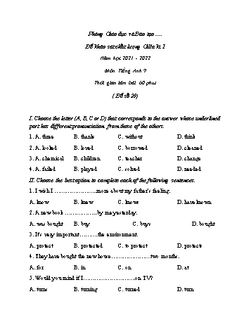 Đề khảo sát chất lượng giữa kì 1 Tiếng Anh Lớp 9 - Đề số 20 - Năm học 2021-2022