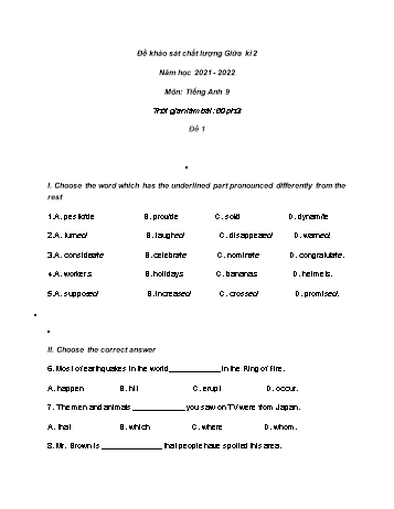 Đề khảo sát chất lượng giữa kì 2 Tiếng Anh Lớp 9 - Đề 1 - Năm học 2021-2022