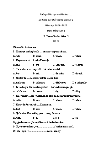 Đề khảo sát chất lượng giữa kì 2 Tiếng Anh Lớp 9 - Đề 10 - Năm học 2021-2022