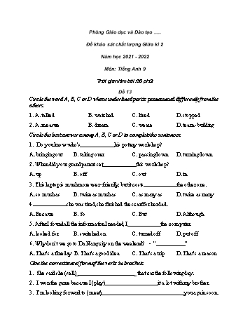 Đề khảo sát chất lượng giữa kì 2 Tiếng Anh Lớp 9 - Đề 13 - Năm học 2021-2022