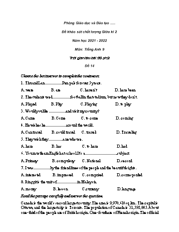 Đề khảo sát chất lượng giữa kì 2 Tiếng Anh Lớp 9 - Đề 14 - Năm học 2021-2022