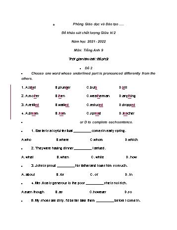 Đề khảo sát chất lượng giữa kì 2 Tiếng Anh Lớp 9 - Đề 2 - Năm học 2021-2022