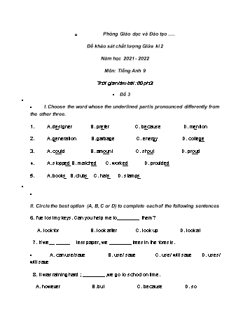 Đề khảo sát chất lượng giữa kì 2 Tiếng Anh Lớp 9 - Đề 3 - Năm học 2021-2022
