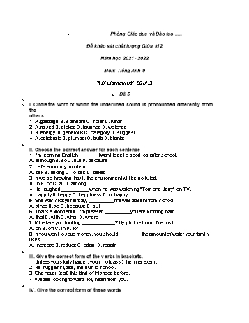 Đề khảo sát chất lượng giữa kì 2 Tiếng Anh Lớp 9 - Đề 5 - Năm học 2021-2022