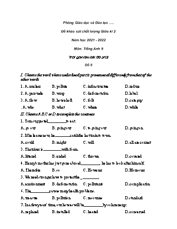 Đề khảo sát chất lượng giữa kì 2 Tiếng Anh Lớp 9 - Đề 8 - Năm học 2021-2022