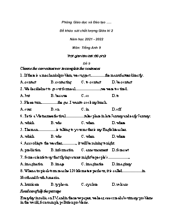 Đề khảo sát chất lượng giữa kì 2 Tiếng Anh Lớp 9 - Đề 9 - Năm học 2021-2022
