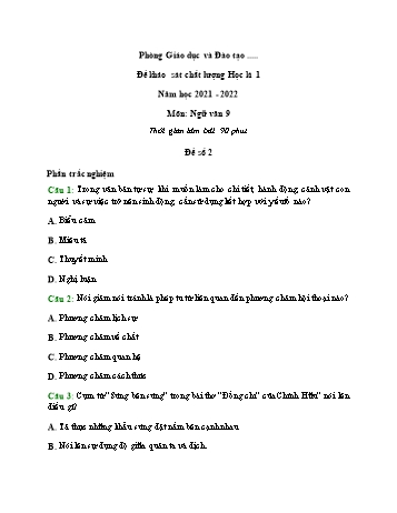 Đề khảo sát chất lượng học kì 1 Ngữ văn Lớp 9 - Đề số 2 - Năm học 2021-2022 (Có đáp án và thang điểm)