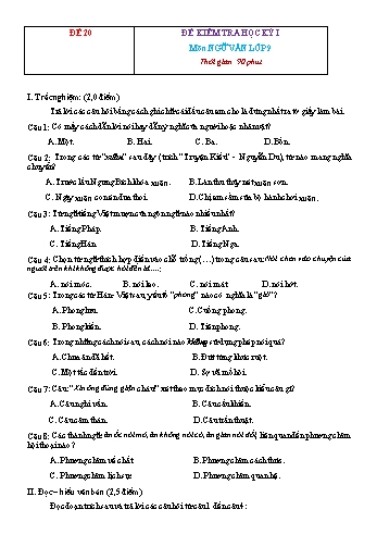 Đề kiểm tra học kì 1 Ngữ văn Lớp 9 - Đề 20 (Có đáp án)
