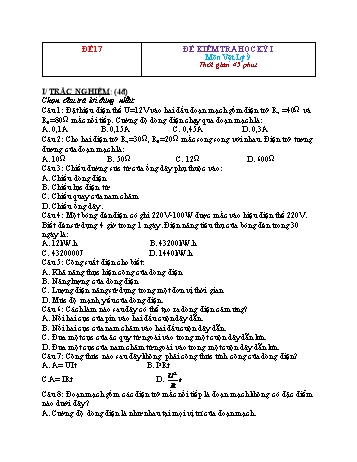 Đề kiểm tra học kì 1 Vật lí Lớp 9 - Đề 17 (Có hướng dẫn chấm)