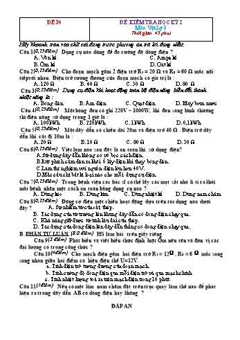 Đề kiểm tra học kì 1 Vật lí Lớp 9 - Đề 30 (Có hướng dẫn chấm)
