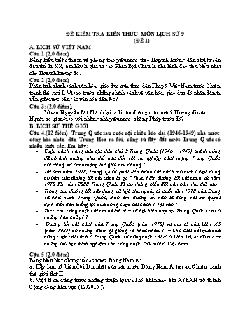 Đề kiểm tra kiến thức Lịch sử Lớp 9 - Đề 1 (Có đáp án và thang điểm)