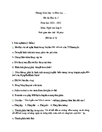 Đề thi học kì 2 Ngữ văn Lớp 9 - Đề số 3 - Năm học 2021-2022 (Có đáp án và thang điểm)