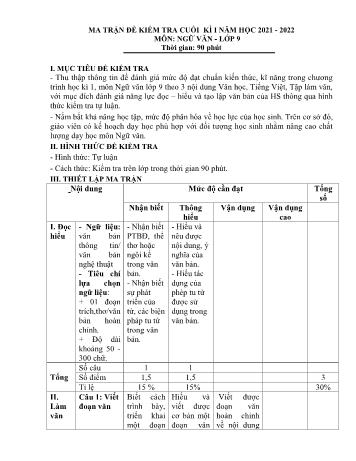Kiểm tra cuối kì 1 Ngữ văn Lớp 9 - Năm học 2021-2022 (Có ma trận và hướng dẫn chấm)